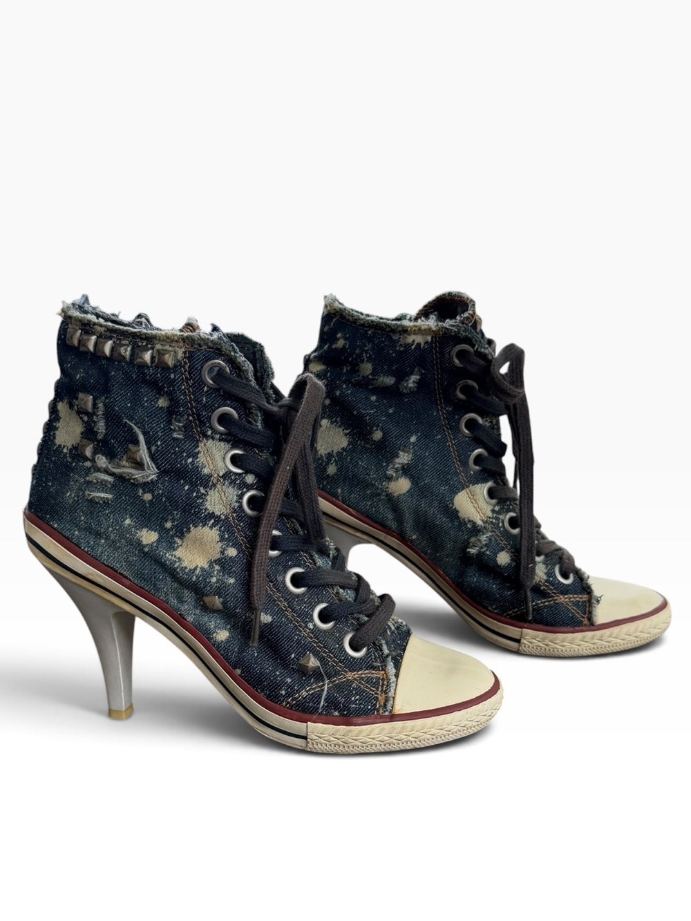 Ash Distressed Denim Studded Sneaker Heels Thrashed Bleached Grunge Size 6.5-7